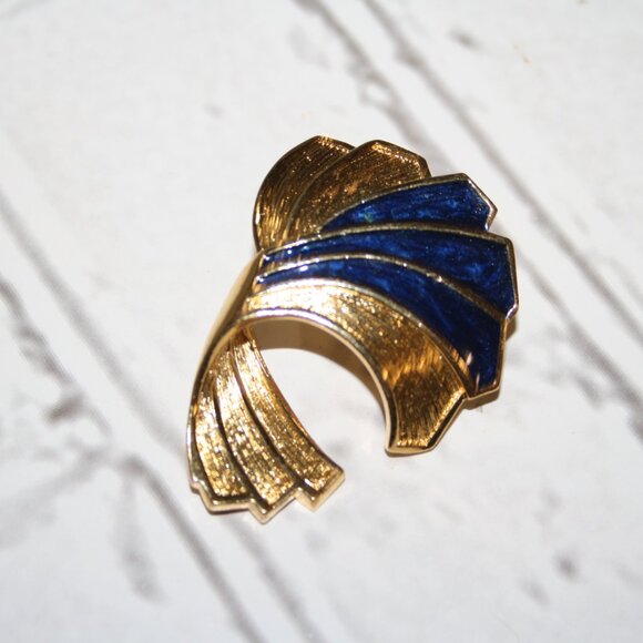 💙 Vintage Gold & Blue Scarf Clip Ring · 2" - Picture 3 of 4
